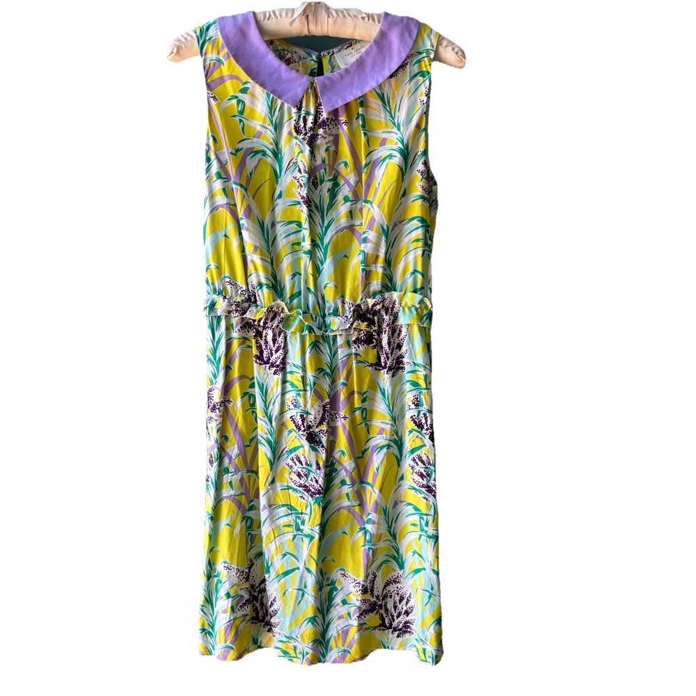 Kate Spade NY Yellow & Lilac Floral Dress Women's M Silk Blend Peter Pan Collar
